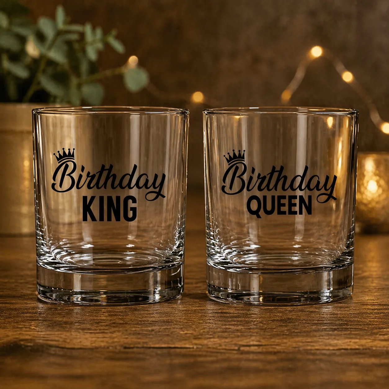 Birthday King & Queen Printed Whiskey Glasses (300 ml) | Premium Transparent Drinkware | Royal Couple Gift Set for Him & Her